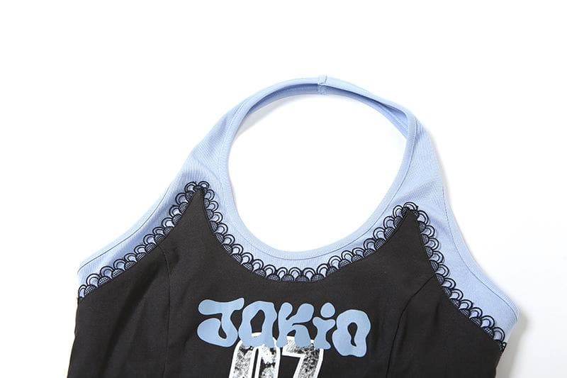 Halter lace patchwork letter pattern top