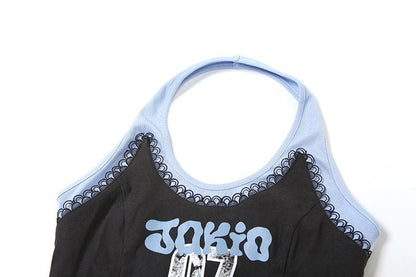 Halter lace patchwork letter pattern top