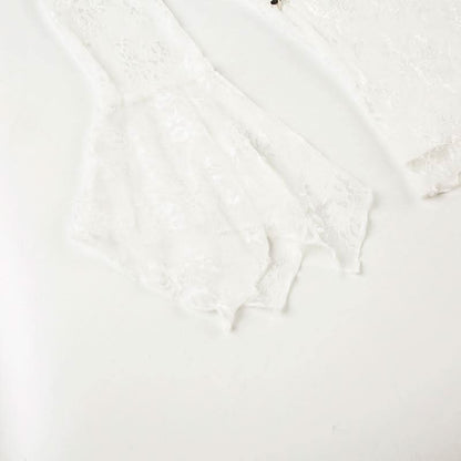 Long sleeve v neck flower lace hem ruffle top