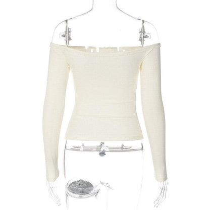 Long sleeve off shoulder bowknot lace hem backless top