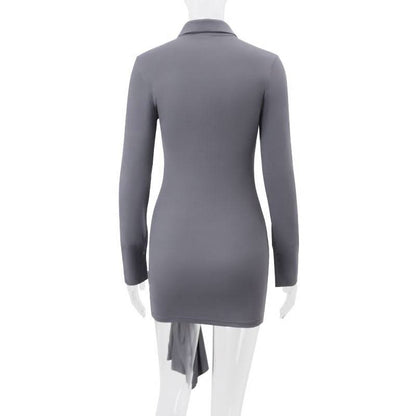 Turnover collar long sleeve button ruched mini dress