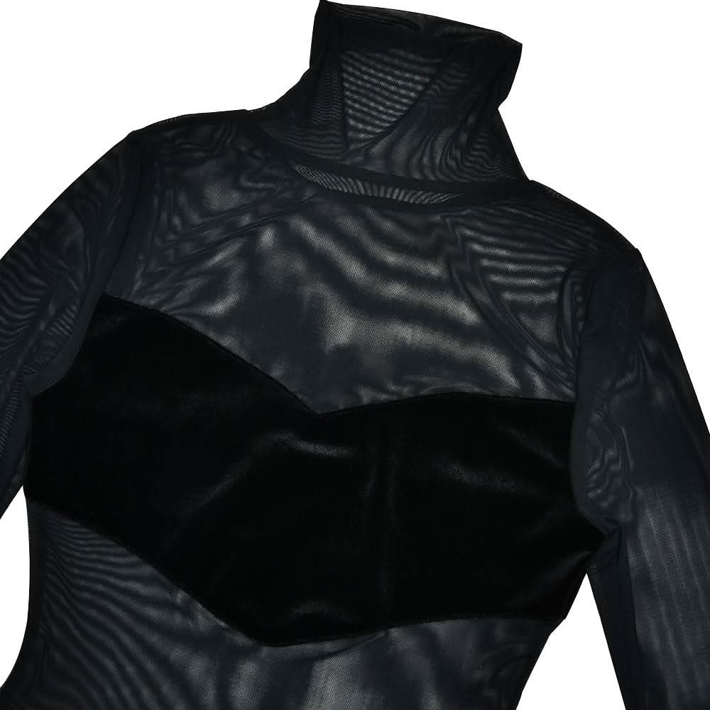 High neck long sleeve mesh patchwork velvet maxi dress