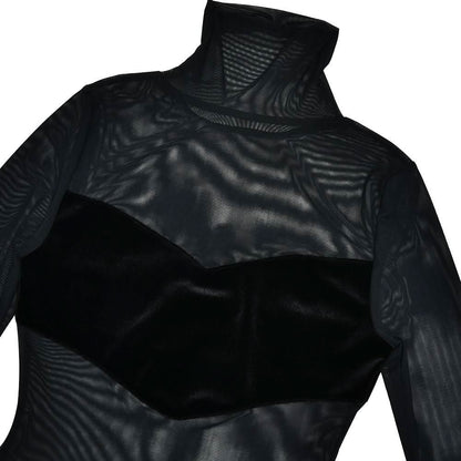 High neck long sleeve mesh patchwork velvet maxi dress