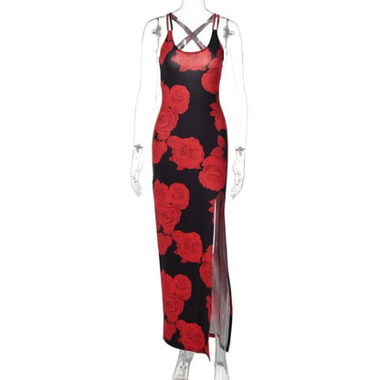 Rose print u neck slit cross back cami maxi dress-final-sale