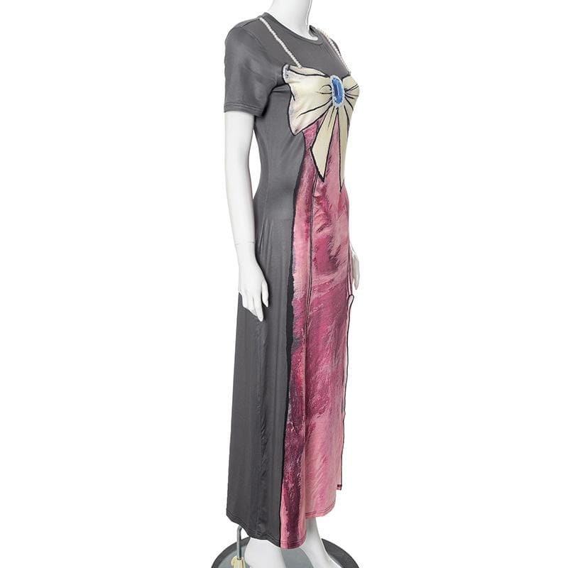 Short sleeve body print high slit maxi dress