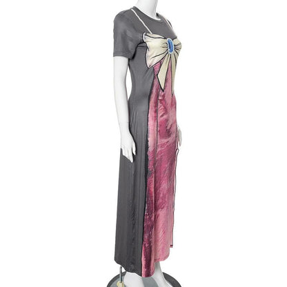 Short sleeve body print high slit maxi dress