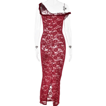 Irregular lace slit see through solid midi dress