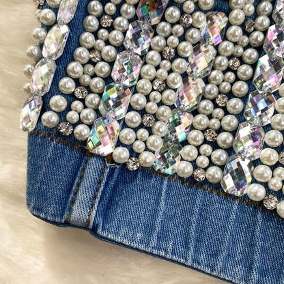 Beaded denim v neck backless cami top