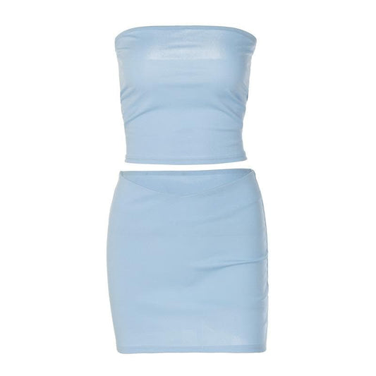 Solid backless tube mini skirt set