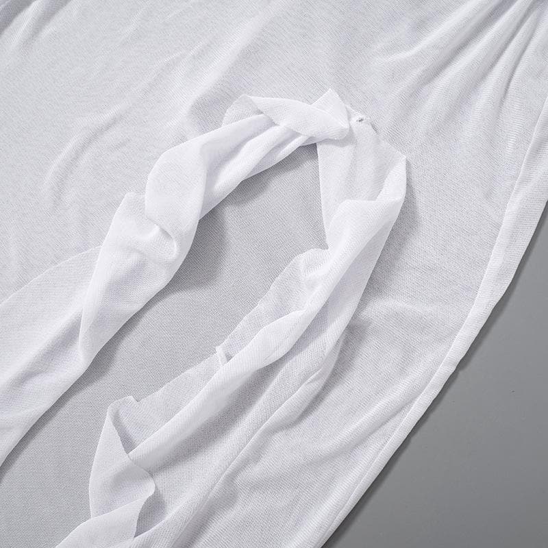 Sheer mesh see through backless ruffle slit cap sleeve maxi dress