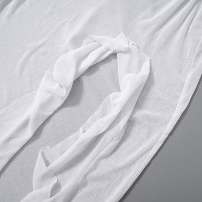 Sheer mesh see through backless ruffle slit cap sleeve maxi dress