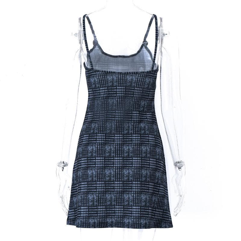 Plaid Scoop Neck Spaghetti Strap Metal Tag Button Cami Mini Dress
