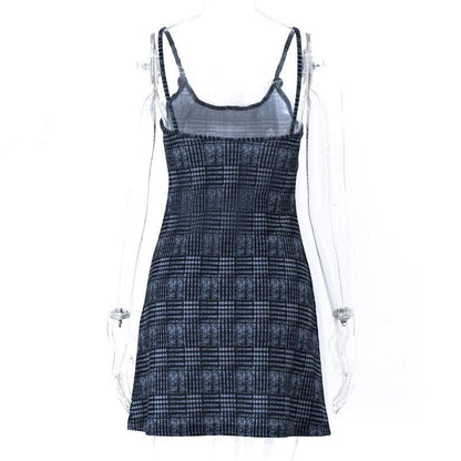 Plaid Scoop Neck Spaghetti Strap Metal Tag Button Cami Mini Dress