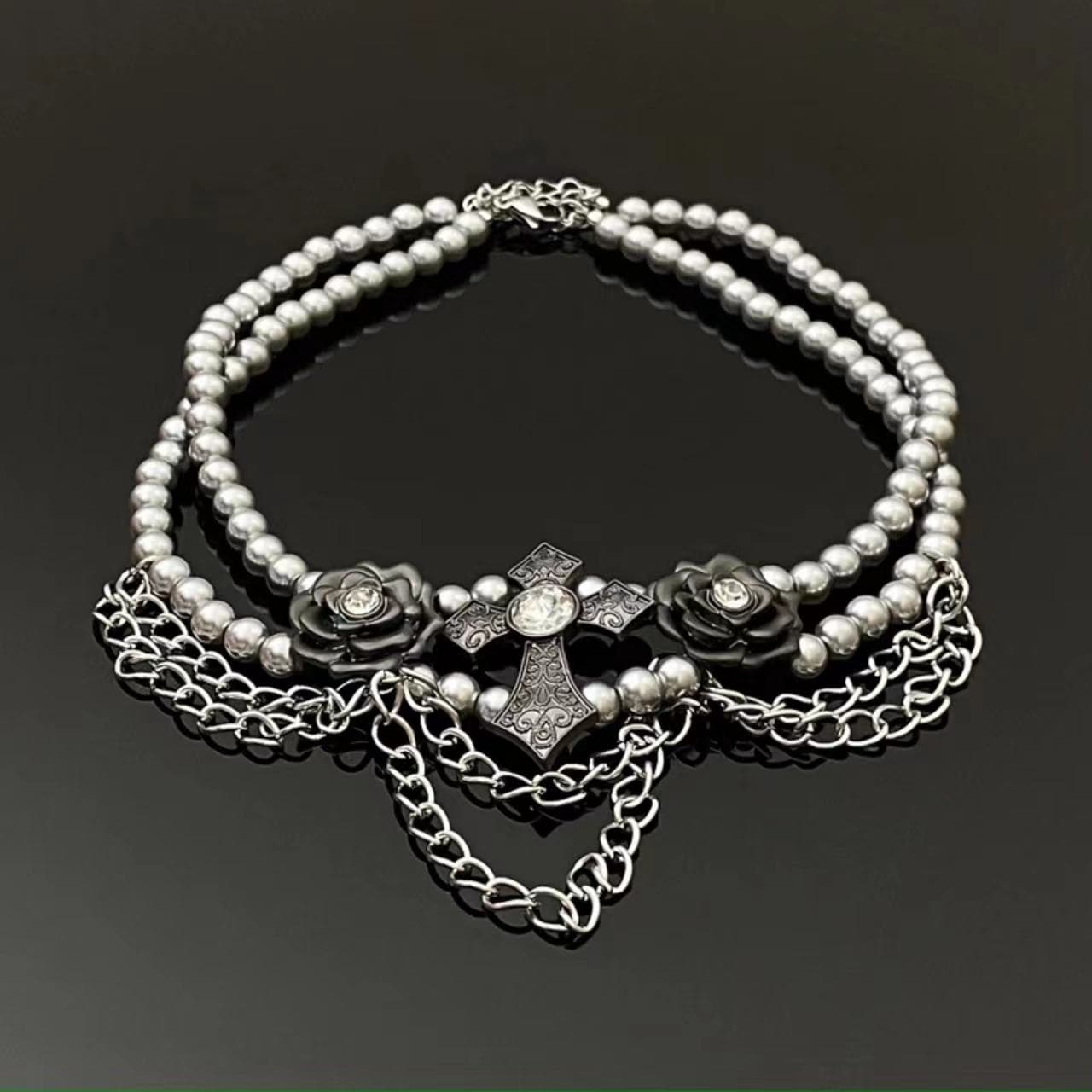 Rose cross beaded choker necklace