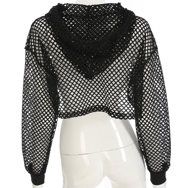 Fishnet hollow out solid long sleeve hoodie shrug cut out top-final-sale