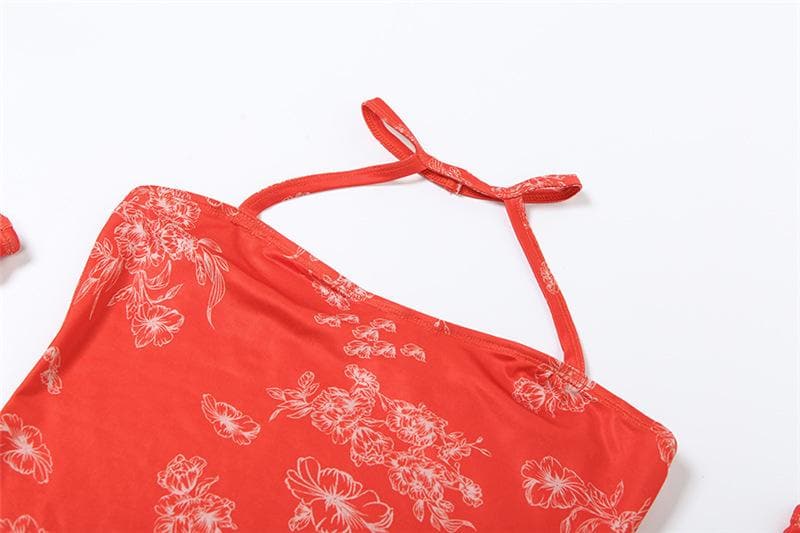 Halter gloves print ruched backless mini dress