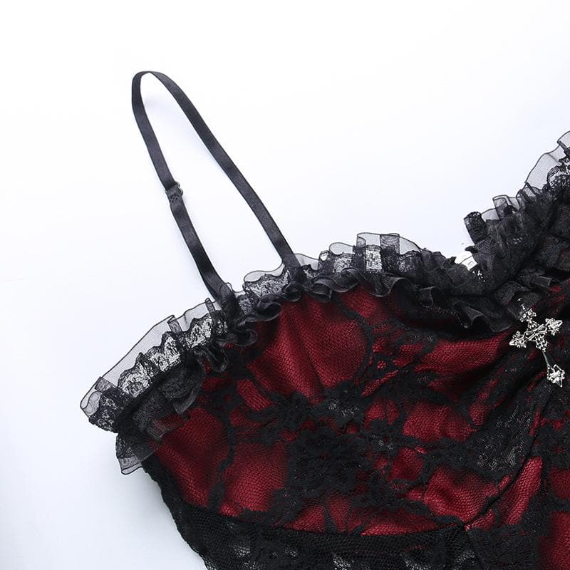 Sleeveless lace hem contrast spider web applique backless crop top