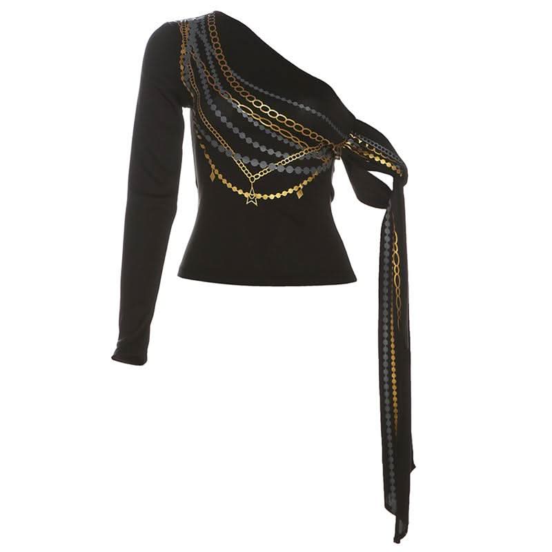One shoulder long sleeve metal chain print top