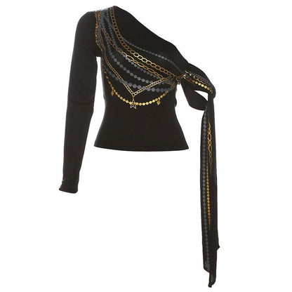 One shoulder long sleeve metal chain print top