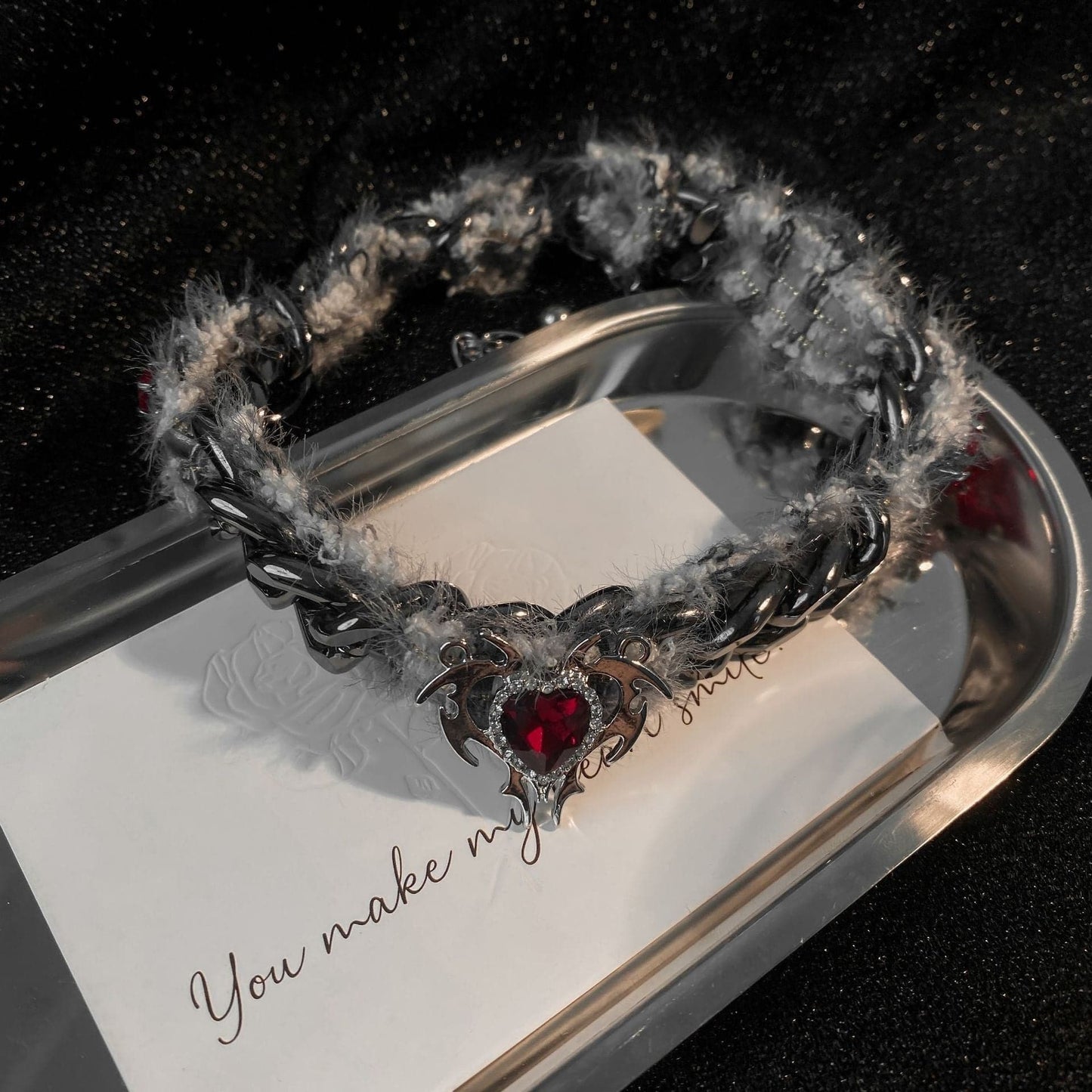 Fluffy cuban heart rhinestone necklace