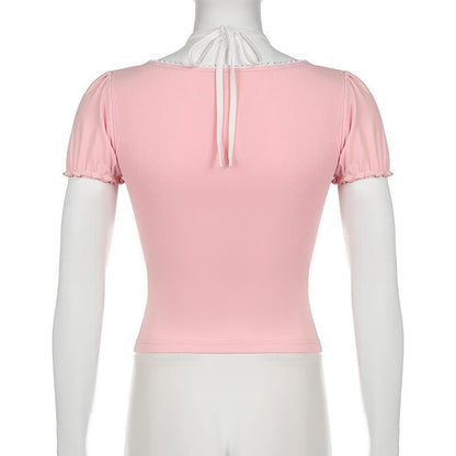 Halter short sleeve bowknot ruffle top