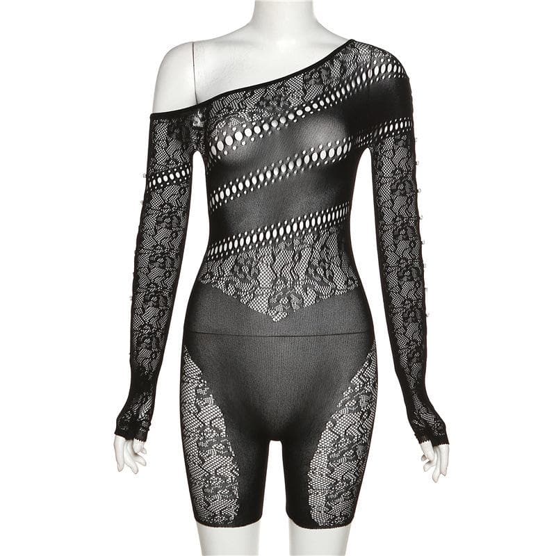 Off shoulder gloves long sleeve lace fishnet button see through romper
