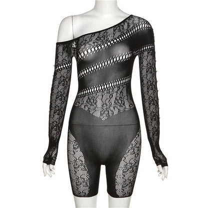 Off shoulder gloves long sleeve lace fishnet button see through romper