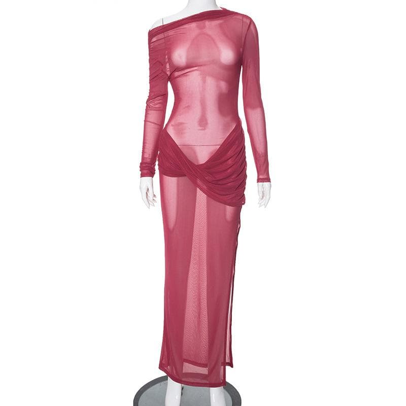 Long sleeve off shoulder sheer mesh ruched slit maxi dress