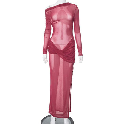 Long sleeve off shoulder sheer mesh ruched slit maxi dress