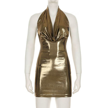 Halter cowl neck metallic backless mini dress