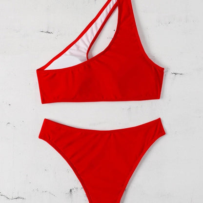 One side hollow out one shoulder solid bikini
