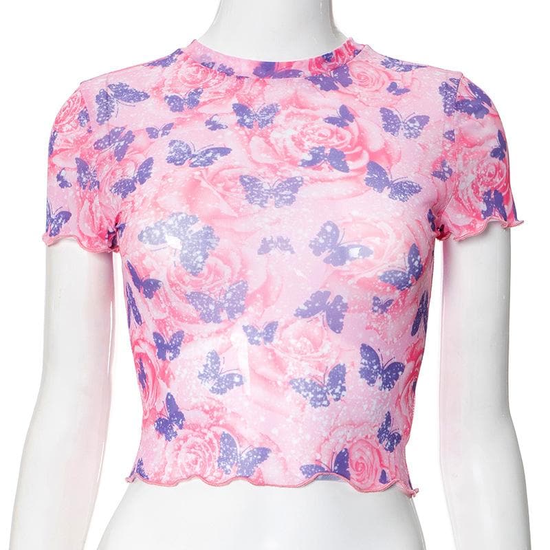Short sleeve butterfly print sheer mesh crewneck ruffle top