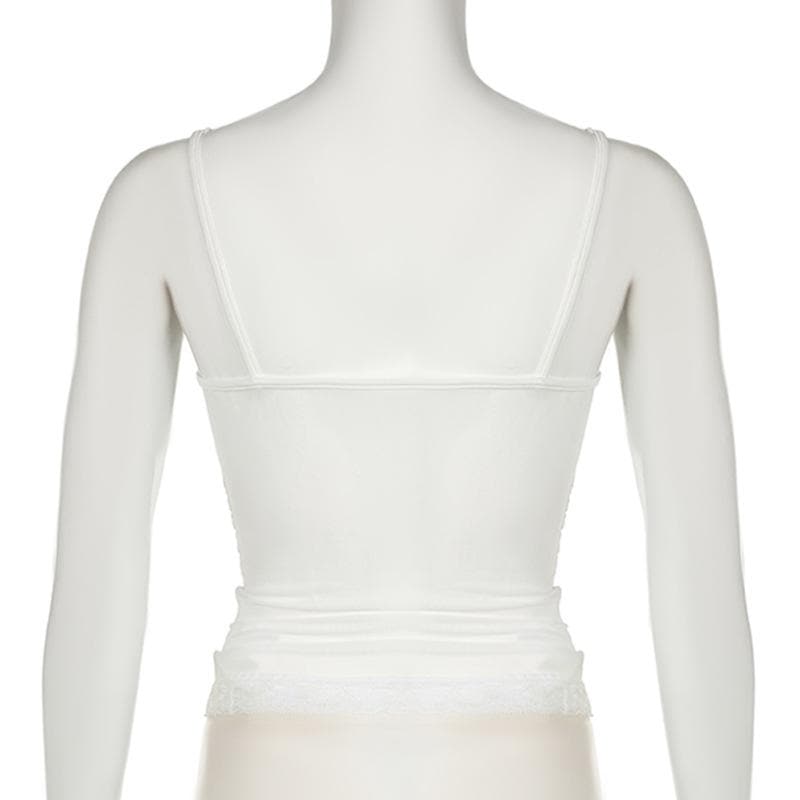 Flower applique ribbon ruched lace hem cami top