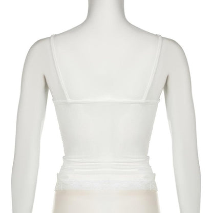 Flower applique ribbon ruched lace hem cami top