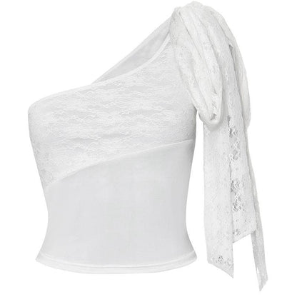 One shoulder lace knotted crop top