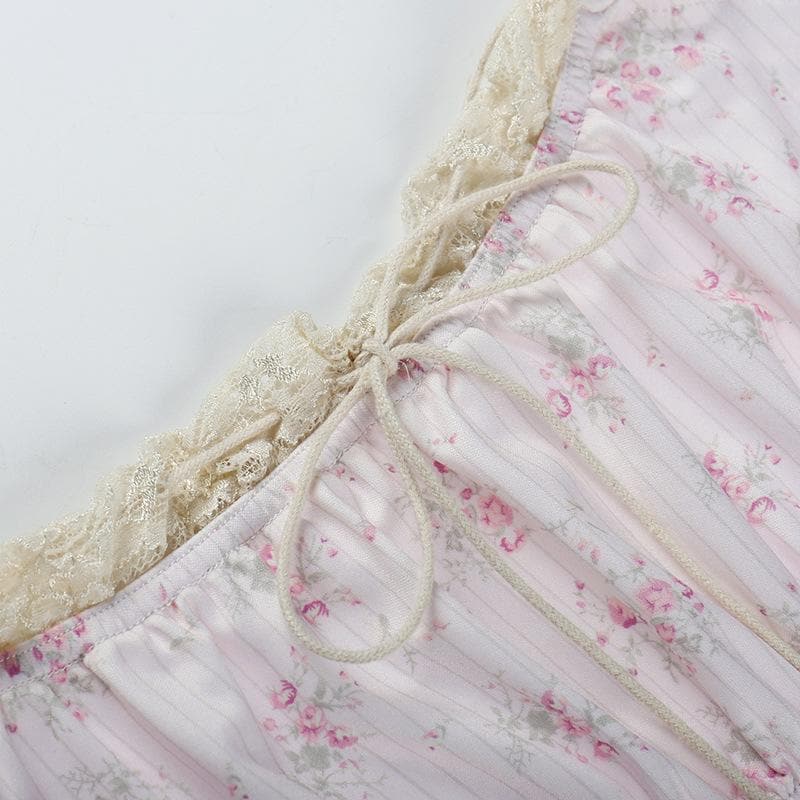 Flower print contrast sleeveless lace hem ruched top