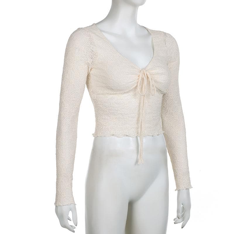 Long sleeve drawstring ruched lace ruffle top
