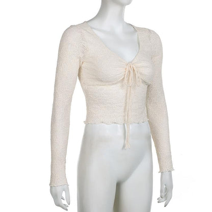 Long sleeve drawstring ruched lace ruffle top