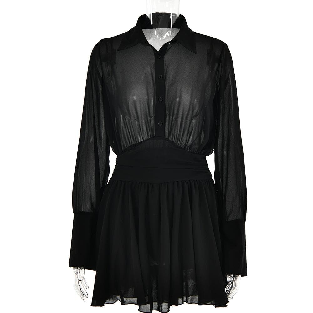 Spread Collar Deep V Ruched Waist Ruffled Cuff Mini Dress