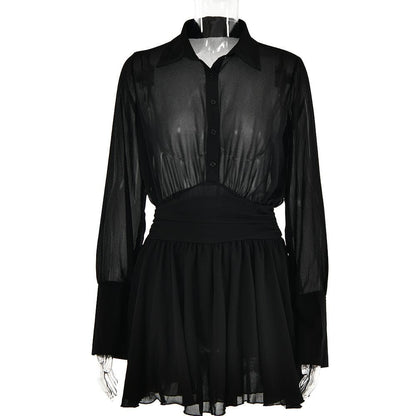 Spread Collar Deep V Ruched Waist Ruffled Cuff Mini Dress