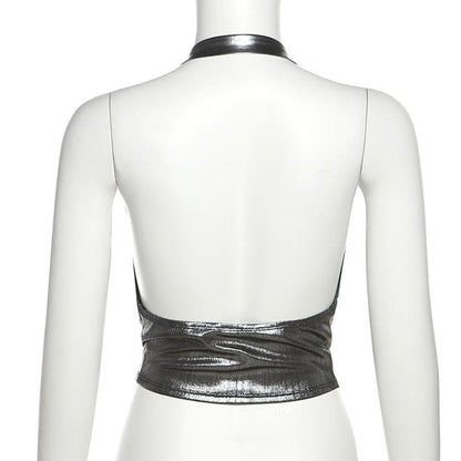 Metallic cowl neck buckle halter ruched backless top