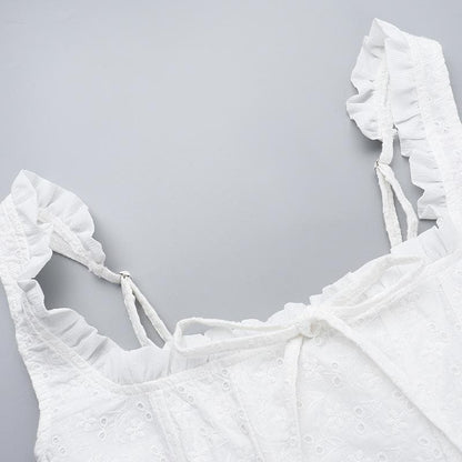 Ruched smocked textured bustier ruffle top