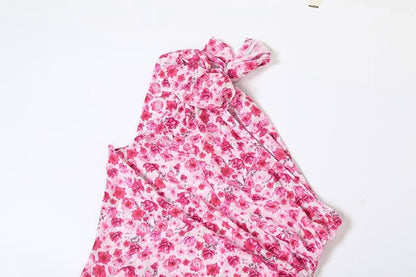 One shoulder knotted slit flower print ruffle maxi dress-final-sale