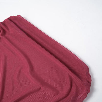 Long sleeve off shoulder sheer mesh ruched slit maxi dress