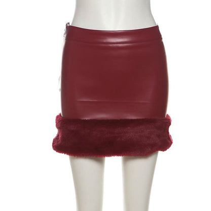 PU leather fluffy patchwork zip-up mini skirt