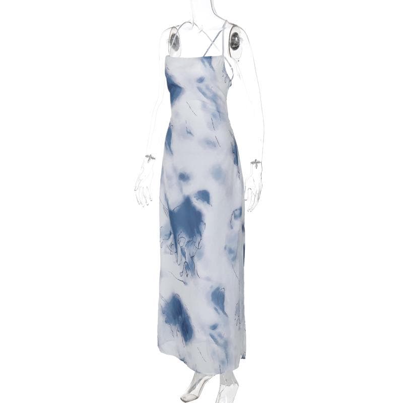 Tie dye print high slit cross back cami maxi dress