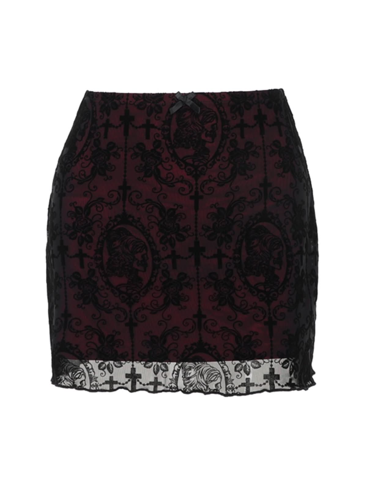 Print mesh bowknot ruffle mini skirt