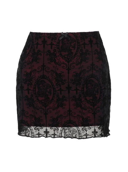 Print mesh bowknot ruffle mini skirt