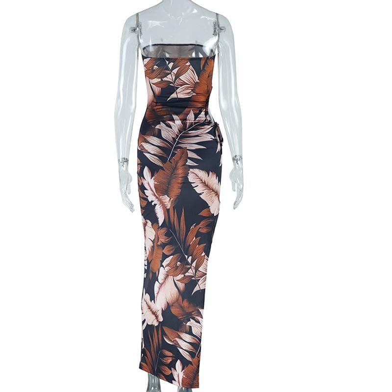 High slit print irregular tube maxi dress