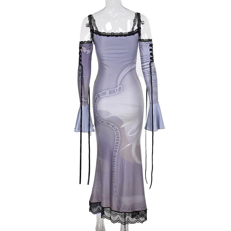 Long flared sleeve off shoulder cross print lace cami maxi dress